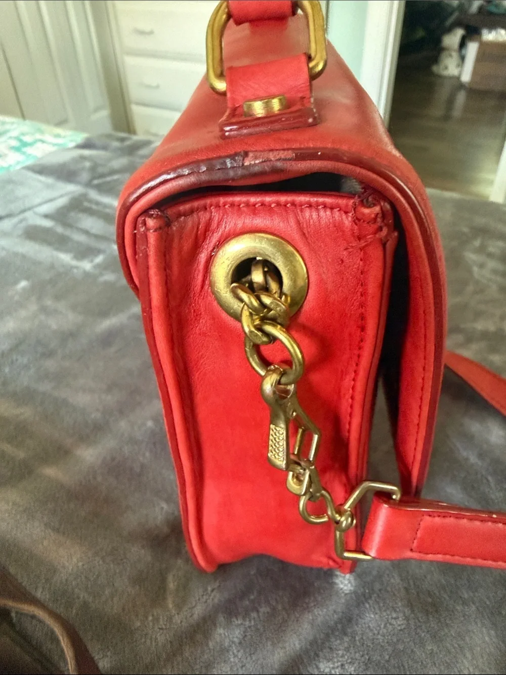 J. Crew Red Leather Top-Handle Satchel with Shoulder Strap Model 2011